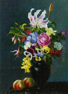 Lilies, Roses, Pansies And Fushcia In A Vase On A Ledge With Apples Lilies, Roses, Pansies And Fushcia In A Vase On A Ledge With Apples