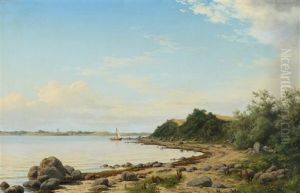 Coastal Scape With Sail Boat And Drifting Clouds by Carl Emil Baagoe