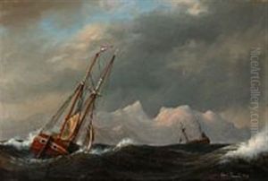 Seascape With Sailing Ships In Rough Sea by Carl Emil Baagoe