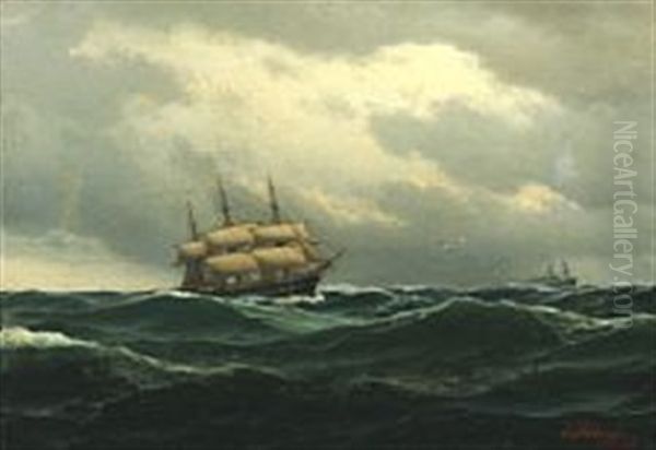Frigate And Steamship Under A Cloudy Sky - view 1