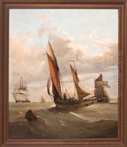 Shipping Scene With A Buoy And Numerous Vessels In A Busy Shipping Channel - view 1