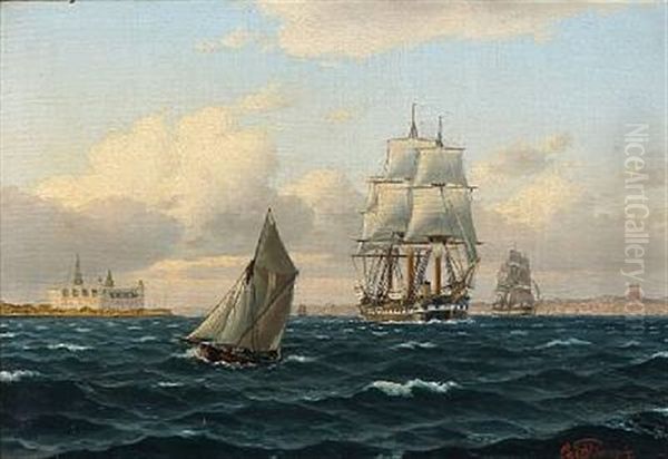 Seascape With Sailing Ships Out Shore Kronborg Castle - view 1
