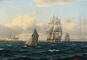 Seascape With Sailing Ships Out Shore Kronborg Castle