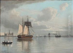 Sailing Ships Off The Shore Of Kronborg Castle by Carl Emil Baagoe