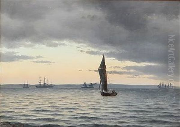 Udsigt Over Sundet Fra Snekkersten Ved Den Svenske Kyst. Eftermiddag (henad Aften) I October. Det Klarer Op I Horizonten Efter En Regnfuld Dag. Malet Efter Naturen - view 1