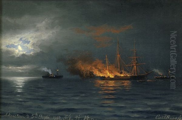 Brennender Dreimaster Bei Nacht An Der Kuste Von Snekkersten Bei Helsingor Auf Seeland - view 1