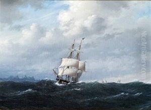 Den Danske Brig Ornen Forlader Island, I Baggrunden Laugarfjeldet Den Danske Brig Ornen Forlader Island, I Baggrunden Laugarfjeldet