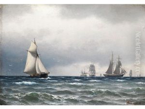 Marinestuck Mit Segelschiffen Auf Hoher See Vor Grauem Himmel