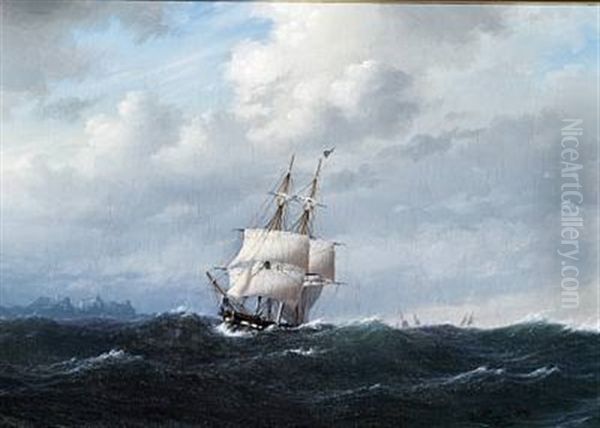 Den Danske Brig "ornen" Forlader Island, I Baggrunden Laugarfjeldet (the Danish Brig "ornen" Leaving Iceland, In The Background Laugar Hills) - view 1
