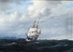 Den Danske Brig "ornen" Forlader Island, I Baggrunden Laugarfjeldet (the Danish Brig "ornen" Leaving Iceland, In The Background Laugar Hills) by Carl Emil Baagoe