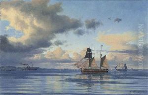 A Paddlesteamer, A Coastal Trader And Other Shipping In The Sound Off Kronborg Castle, Elsinore, Denmark by Carl Emil Baagoe