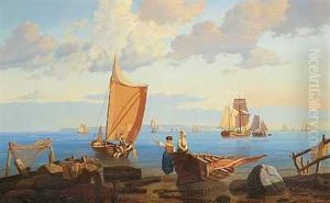 Stille Dag Pa Sundet Med Talrige Sejlskibe Og Personer Pa Stranden Stille Dag Pa Sundet Med Talrige Sejlskibe Og Personer Pa Stranden