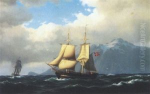 Marine Med Sejlskibe Udfor Kyst, I Baggrunden Sneklaedte Bjergtinder