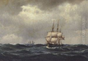 Sejlskibe Pa Havet I Overskyet Vejr by Carl Emil Baagoe