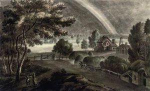 Figures And A Hay Cart At A Farm, A Rainbow In The Distancebeyond Figures And A Hay Cart At A Farm, A Rainbow In The Distancebeyond