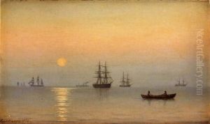 Two Figures In A Dingby With Sailing Ships In The Distance by Carl Emil Baagoe
