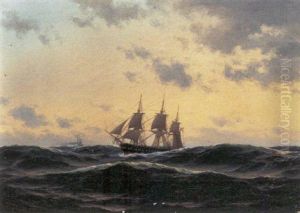 Marine Med Skibe Pa Havet Henunder Aften by Carl Emil Baagoe