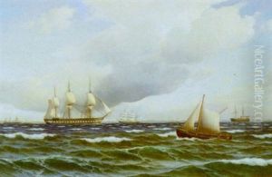 Marine Med Talrige Sejlskibe Og Damper Pa Havet, Hvorover Tunge Regnskyer