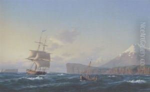 Marine Ud For Islands (?) Kyst Med Indadgaende Tomastet Sejlskib Og Sejlbad For Udadgaende by Carl Emil Baagoe