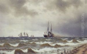 Marine Med Dampskib Taet Pa Kysten Og Sejlskibe I Horisonten by Carl Emil Baagoe