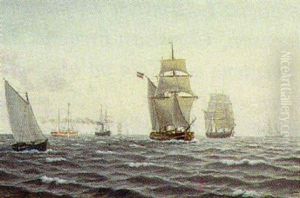 Morgenstemming Over Havet Med Mange Skibe by Carl Emil Baagoe