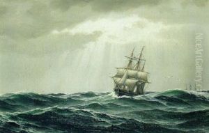 Marine Med To Sejlskibe, Solen Bryde Igennem by Carl Emil Baagoe