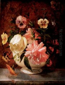 Roses And Pansies In A White Vase by William (P.) Babcock