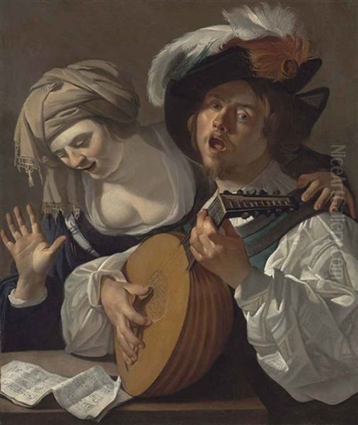 A Lute Player And A Singer, A Musical Score On The Table by Dirck Van Baburen