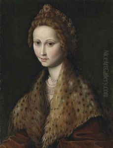 Portrait Of A Lady, Half-length, In A Red Coat With A Leopard-fur Mantle, Pearls And Jewels In Her Hair