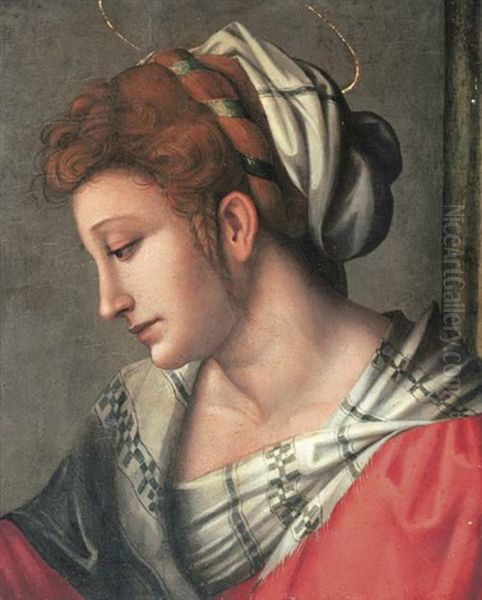 A Female Saint, Bust-length, In A Red Dress With A White Headdress - view 1