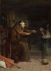 Kapuziner Ein Katzchen Futternd by Adolfo Bacci