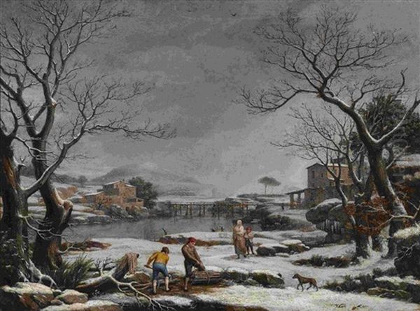 Winterliche Flusslandschaft Mit Holzarbeitern - view 1