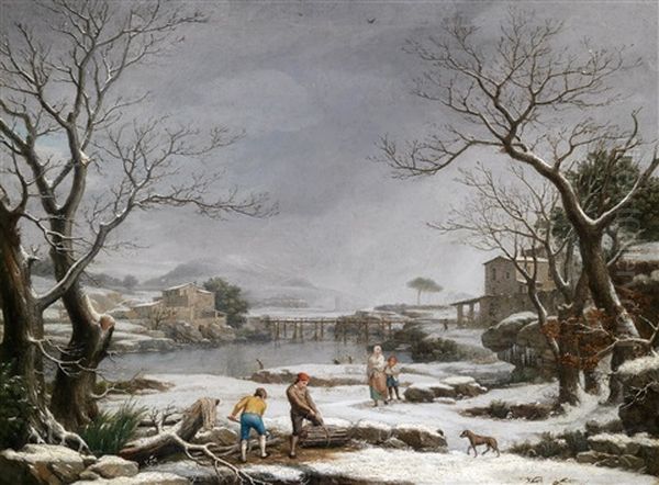 Eine Winterliche Flusslandschaft Mit Holzfallern - view 1
