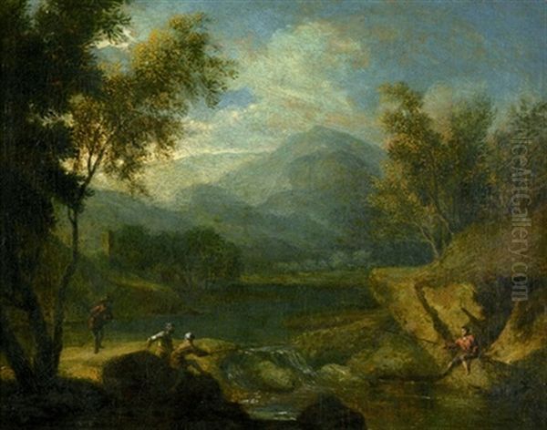 Gebirgige Fluslandschaft Mit Anglern - view 1