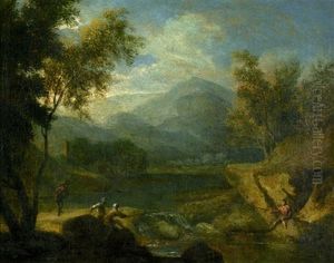 Gebirgige Fluslandschaft Mit Anglern