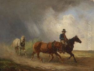 Reiter Und Zwei Pferde In Landschaft by Alois Bach