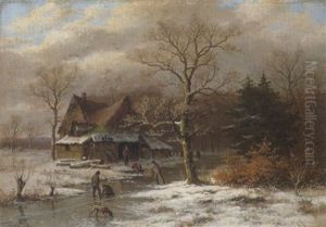 Hollandische Winterlandschaft Mit Eislaufern by Alois Bach