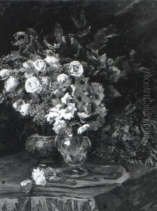 Still Life Of Flowers On A Draped Table