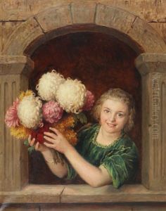 A Young Girl With A Large Bouquet Of Chrysanthemum In A Niche by Otto Bache