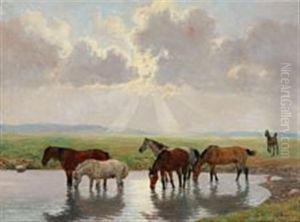 Horses At A Pond by Otto Bache
