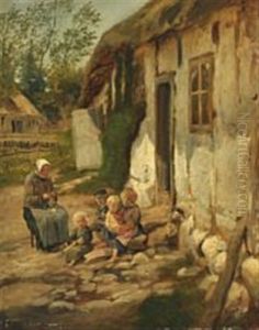 Farm Scene With A Flock Of Children And An Elderly Lady Knitting by Otto Bache