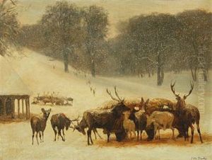 Deer By The Wagon With Hay, A Snowy Day In The Deer Park Copenhagen by Otto Bache