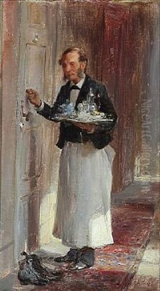 Waiter With A Tray Is Knocking On The Door - view 1