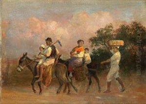 View From Italy With A Family Riding On Donkeys by Otto Bache