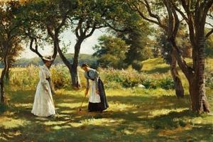 A Garden In Hornbaek. Marie Charlotte And Emilie Are Playing Croquet by Otto Bache