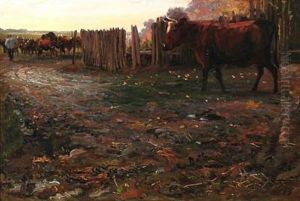 Cattle On Their Way To A Grazing Field by Otto Bache