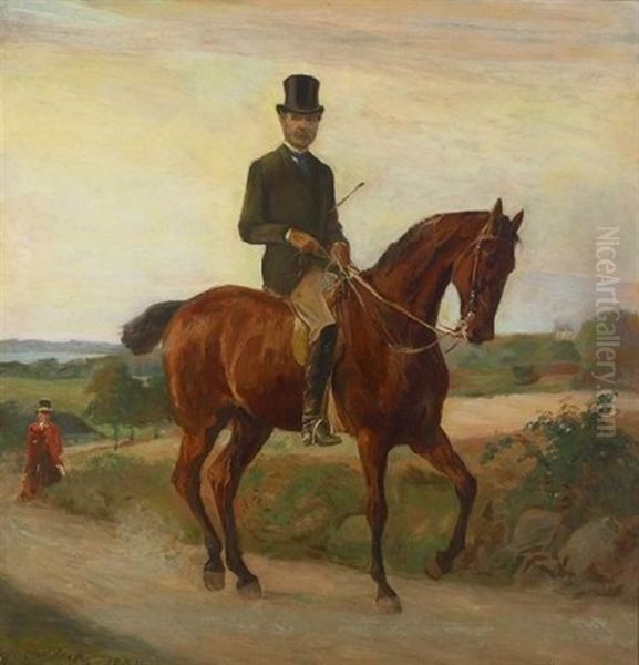 Kong Christian Ix Til Hest I Egnen Omkring Esrum So, I Baggrunden Pa Vejen Kusk Fra Staldetaten, I Det Fjerne Soen Og Fredensbor Slot, Sommer - view 1