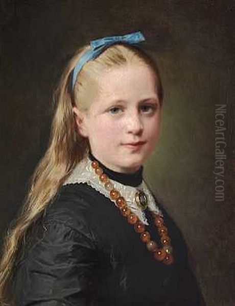 Portraet Af En Ung Pige Et Blat Band I Det Lange Har Og En Stor Perlekaede Om Halsen - view 1