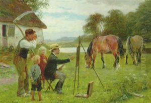 Kunstneren Ved Staffeliet, En Bondefamilie Beundrer Resultatet