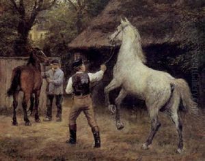 Maend Med To Heste Pa En Gardsplads by Otto Bache
